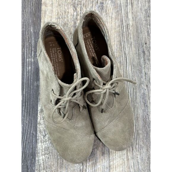TOMS Wedge Ankle Booties Taupe Suede Leather SIZE 7.5 Women's Shoes Lace-up Tan - Picture 5 of 12